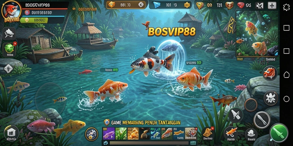 Tampilan gameplay BOSVIP88 yang menakjubkan saat memancing di lokasi indah.