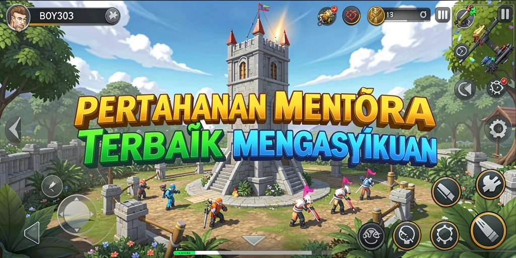 Screenshot gameplay BOY303 menampilkan aksi menara pertahanan melawan gelombang musuh.