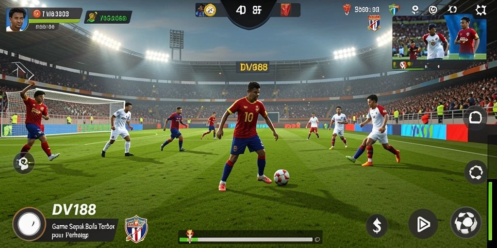 Tampilan gameplay mendebarkan dalam DV188 yang menunjukkan aksi sepak bola.