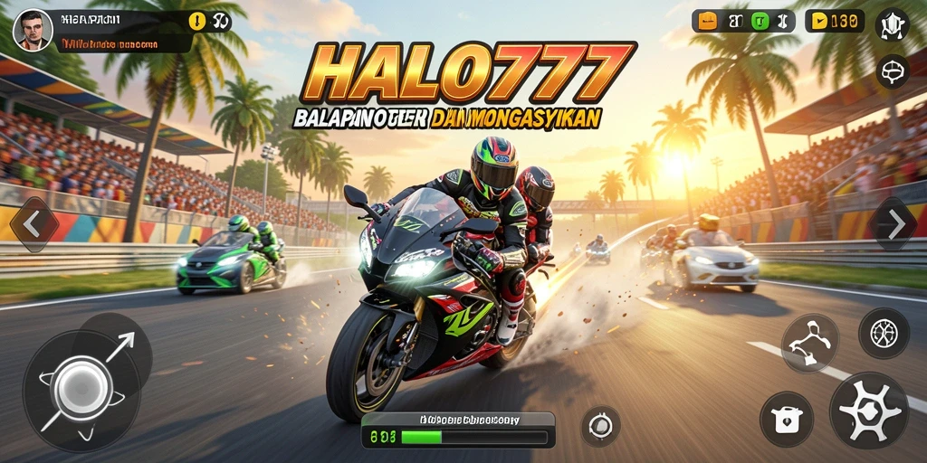 Screenshot gameplay HALO777 menampilkan balapan motor yang mendebarkan.