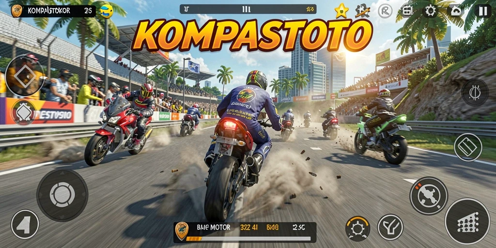 Tampilan gameplay KOMPASTOTO dengan balapan motor yang mendebarkan.