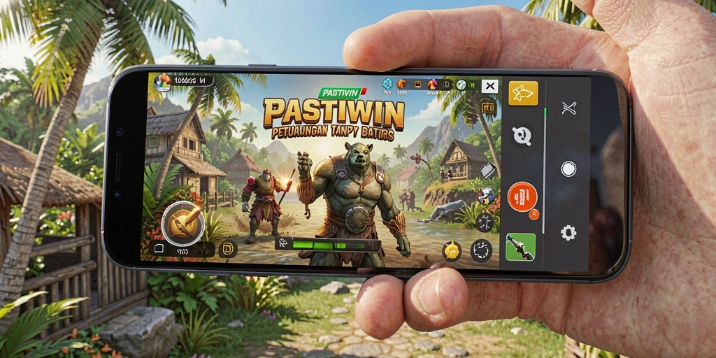 Screenshot utama PASTIWIN menampilkan aksi seru di dunia terbuka.