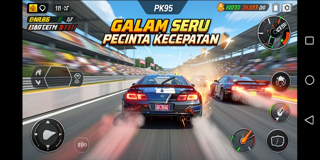 Screenshot PK95 menunjukkan aksi balap yang mendebarkan dan mobil yang terperinci.