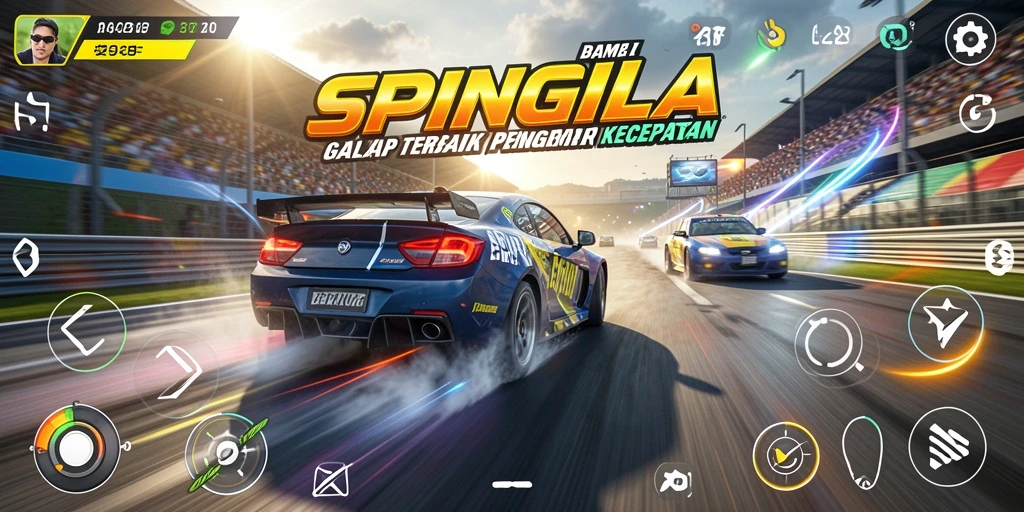 Tampilan gameplay <strong>SPINGILA</strong> yang menampilkan aksi balap seru dan mobil cepat.